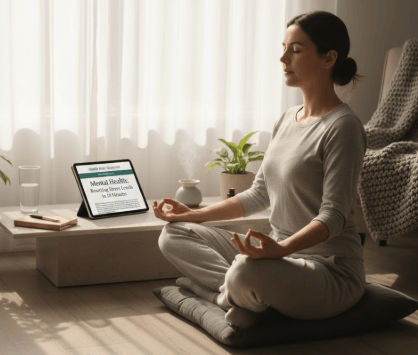 Person practicing deep breathing beside a window